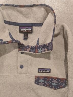 Patagonia Cream Synchilla Fleece Pullover with Patterned Trim